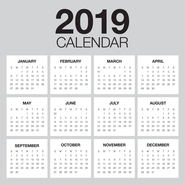 Year 2019 Calendar Vector Design Template Simple Clean Design — Stock Vector