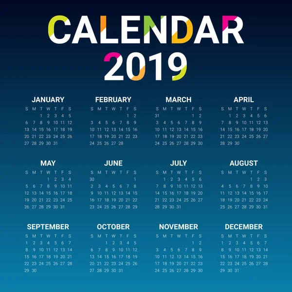 Año 2019 Plantilla Diseño Vectores Calendario Diseño Simple Limpio — Archivo Imágenes Vectoriales