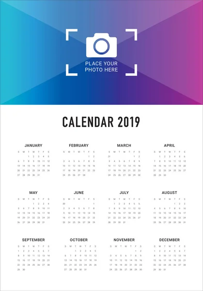 Année 2019 Modèle Conception Vectorielle Calendrier Conception Simple Propre — Image vectorielle