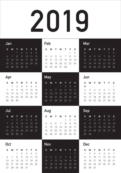 Year 2019 Calendar Vector Design Template Simple Clean Design — Stock Vector