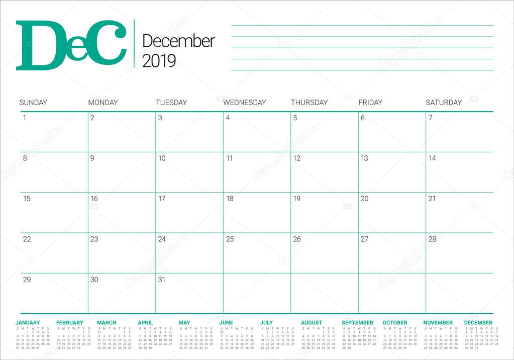 December 2019 desk calendar vector illustration, simple and clean design.