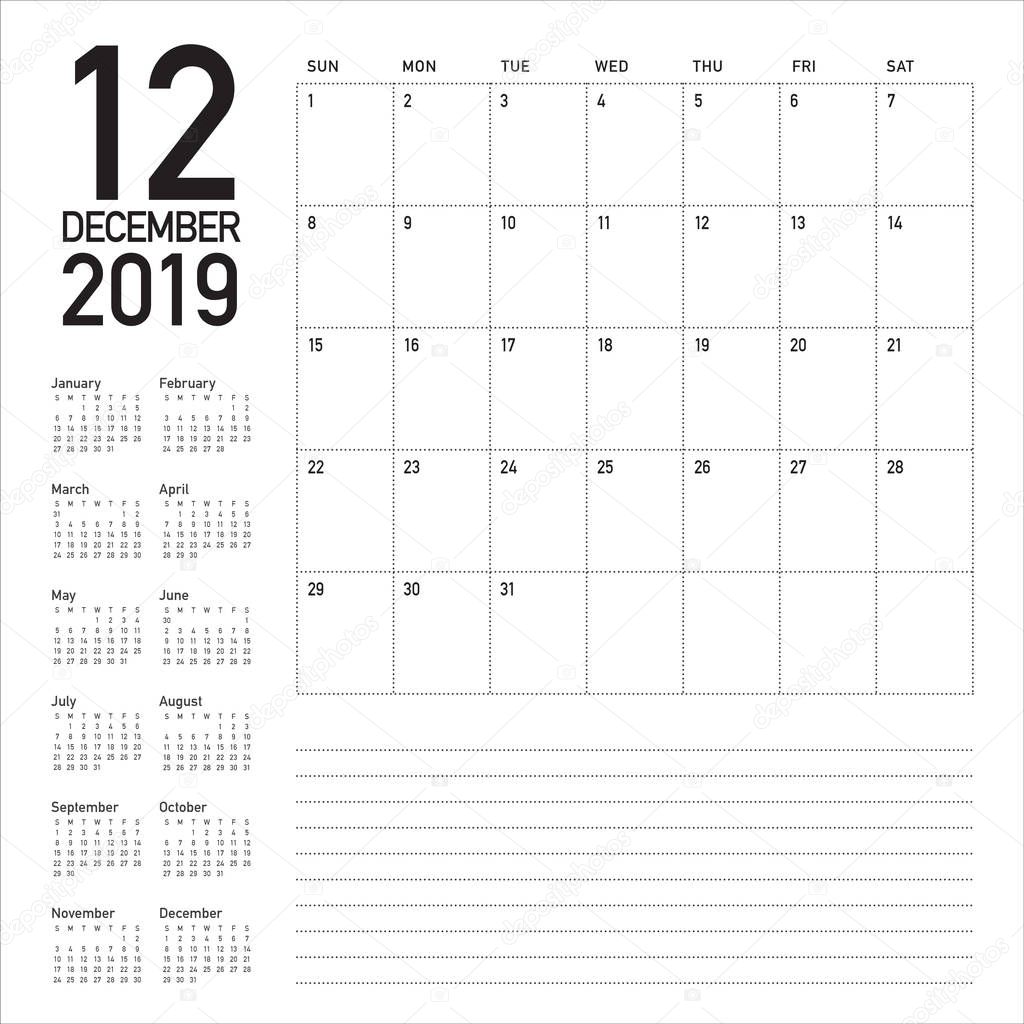 December 2019 desk calendar vector illustration, simple and clean design.