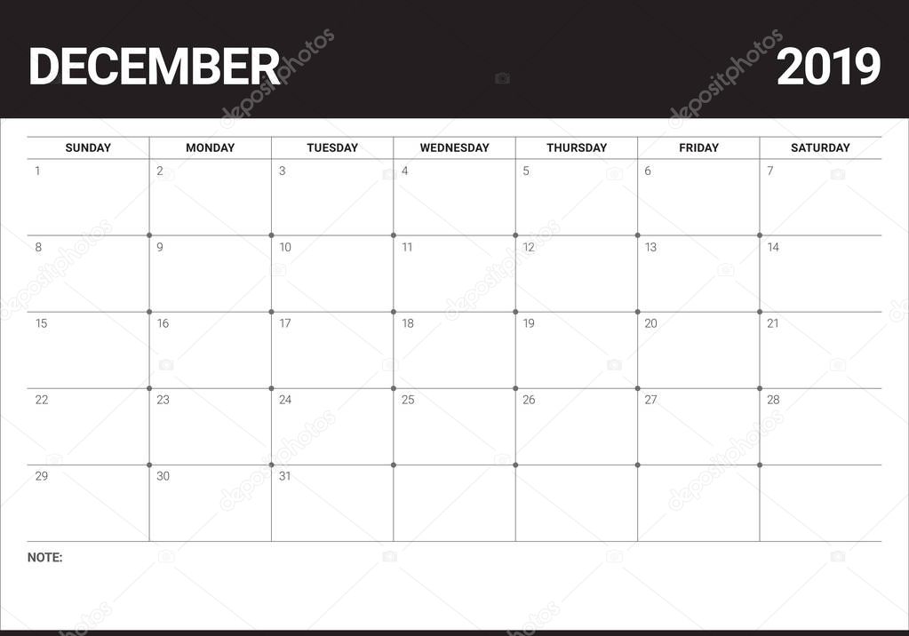 December 2019 desk calendar vector illustration, simple and clean design.