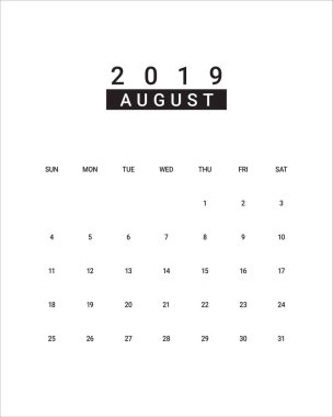 Ağustos 2019 Resepsiyon takvim vektör çizim, basit ve temiz tasarım. 