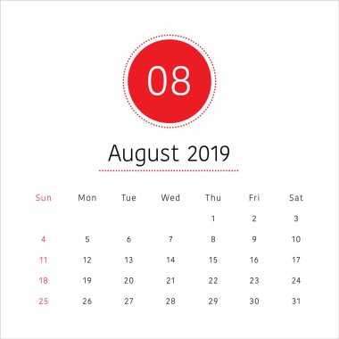 Ağustos 2019 Resepsiyon takvim vektör çizim, basit ve temiz tasarım. 