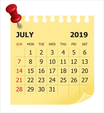 Temmuz 2019 aylık takvim vektör çizim, basit ve temiz tasarım. 