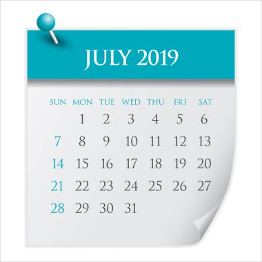 Temmuz 2019 aylık takvim vektör çizim, basit ve temiz tasarım. 