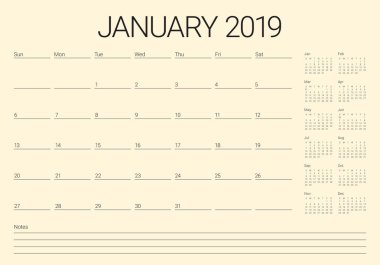 Ocak 2019 Resepsiyon takvim vektör çizim, basit ve temiz tasarım. 