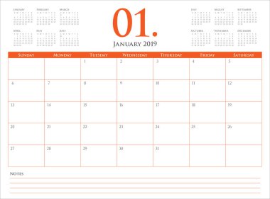 Ocak 2019 Resepsiyon takvim vektör çizim, basit ve temiz tasarım. 