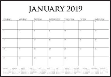 Ocak 2019 Resepsiyon takvim vektör çizim, basit ve temiz tasarım. 