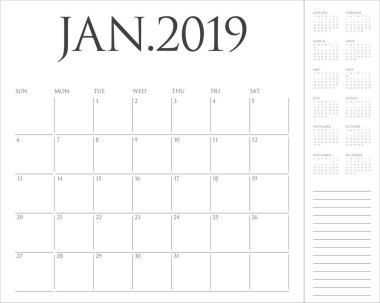 Ocak 2019 Resepsiyon takvim vektör çizim, basit ve temiz tasarım. 