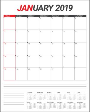 Ocak 2019 Resepsiyon takvim vektör çizim, basit ve temiz tasarım. 