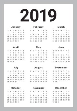 Yıl 2019 takvim vektör tasarım şablonu, basit ve temiz tasarım
