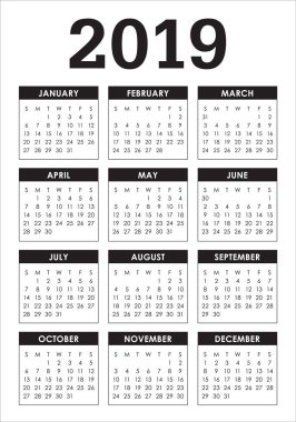 Yıl 2019 takvim vektör tasarım şablonu, basit ve temiz tasarım