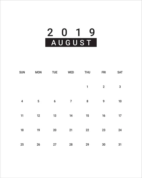 Ilustracja Wektorowa Sierpnia 2019 Biurko Kalendarza Prosty Czysty Design — Wektor stockowy
