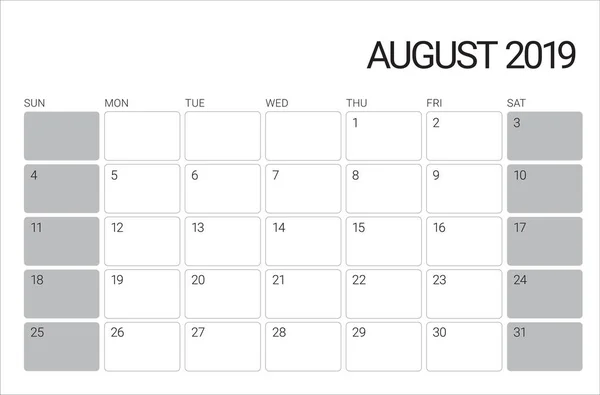 Agosto 2019 Escritorio Calendario Vector Ilustración Diseño Simple Limpio — Vector de stock