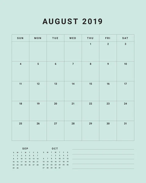 August 2019 Tischkalender Vektordarstellung Einfaches Und Sauberes Design — Stockvektor