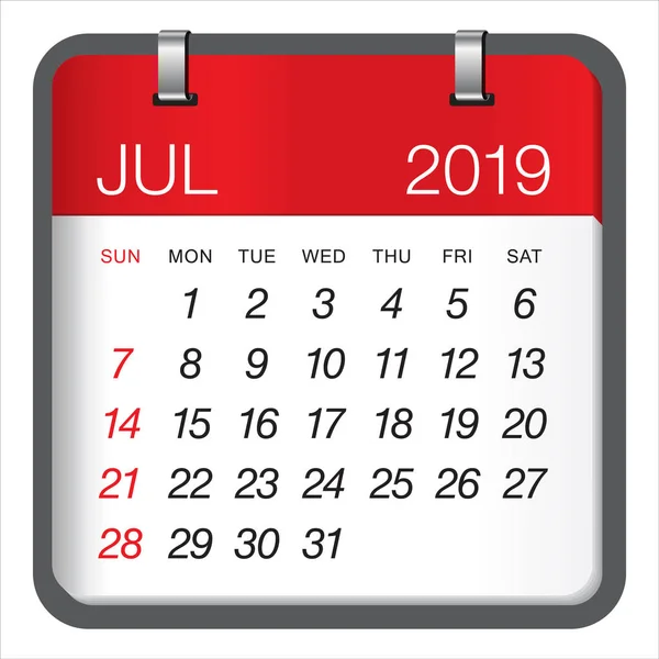 Lipca 2019 Miesięczny Kalendarz Wektor Ilustracja Prosty Czysty Design — Wektor stockowy