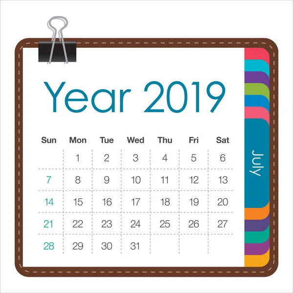 Julio 2019 Calendario Mensual Vector Ilustración Diseño Simple Limpio — Archivo Imágenes Vectoriales