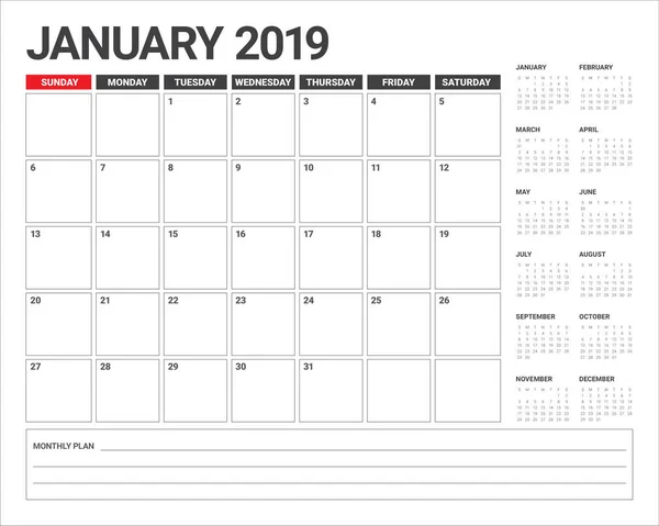 Januari 2019 Bureau Agenda Vectorillustratie Eenvoudige Schone Ontwerp — Stockvector