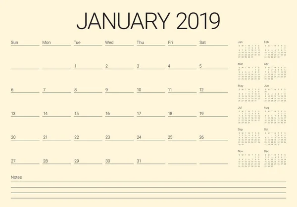 Gennaio 2019 Scrivania Calendario Vettoriale Illustrazione Design Semplice Pulito — Vettoriale Stock