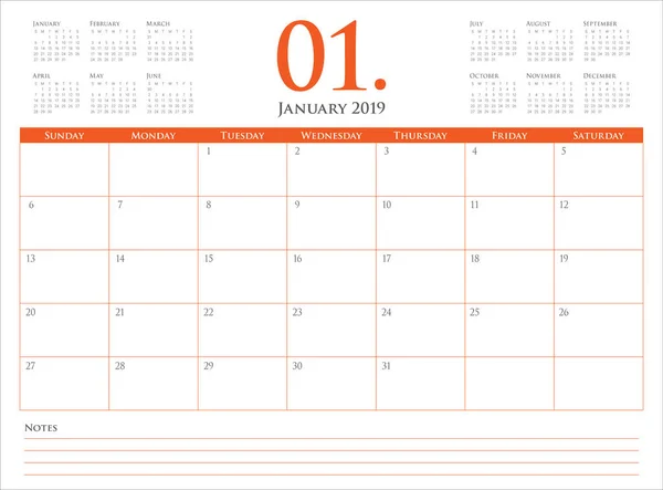 Ledna 2019 Stolní Kalendář Vektorové Ilustrace Jednoduchý Čistý Design — Stockový vektor