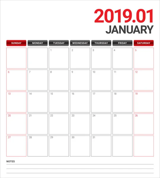 Janvier 2019 Illustration Vectorielle Calendrier Bureau Design Simple Propre — Image vectorielle