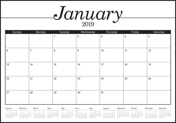 Enero 2019 Escritorio Calendario Vector Ilustración Diseño Simple Limpio — Archivo Imágenes Vectoriales