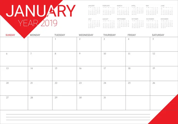 Ιανουαρίου 2019 Γραφείο Ημερολόγιο Διανυσματικά Εικονογράφηση Απλή Και Καθαρή Σχεδιασμός — Διανυσματικό Αρχείο