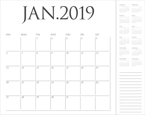 Enero 2019 Escritorio Calendario Vector Ilustración Diseño Simple Limpio — Vector de stock