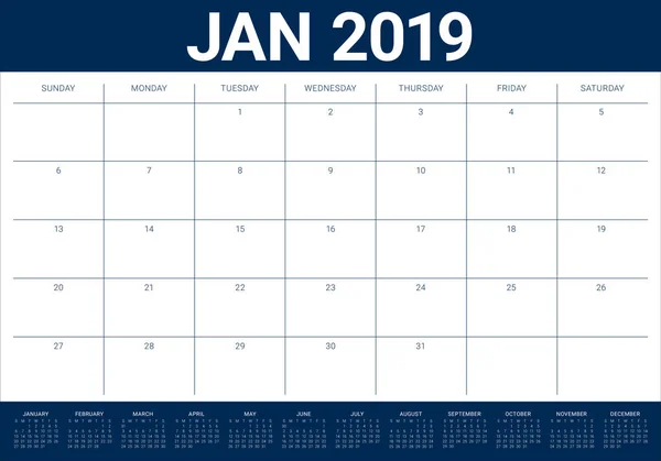 Januari 2019 Bureau Agenda Vectorillustratie Eenvoudige Schone Ontwerp — Stockvector