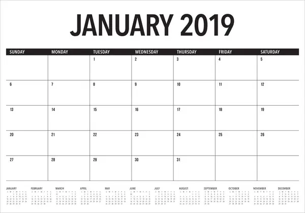 Januari 2019 Bureau Agenda Vectorillustratie Eenvoudige Schone Ontwerp — Stockvector