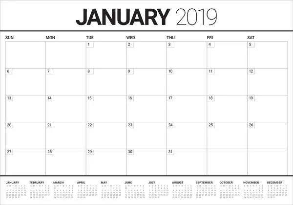 Enero 2019 Escritorio Calendario Vector Ilustración Diseño Simple Limpio — Vector de stock