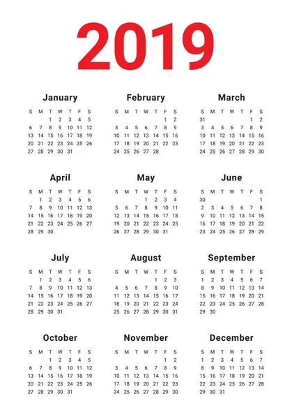 Año 2019 Plantilla Diseño Vectores Calendario Diseño Simple Limpio — Archivo Imágenes Vectoriales
