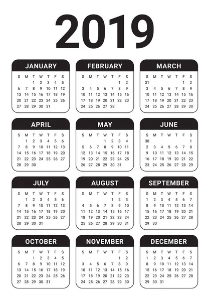 Año 2019 Plantilla Diseño Vectores Calendario Diseño Simple Limpio — Vector de stock