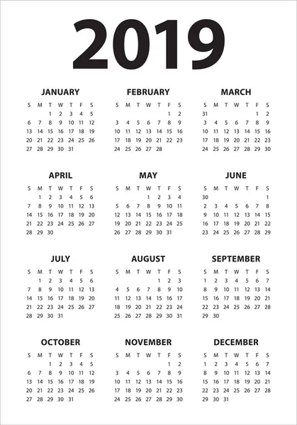 Année 2019 Modèle Conception Vectorielle Calendrier Conception Simple Propre — Image vectorielle