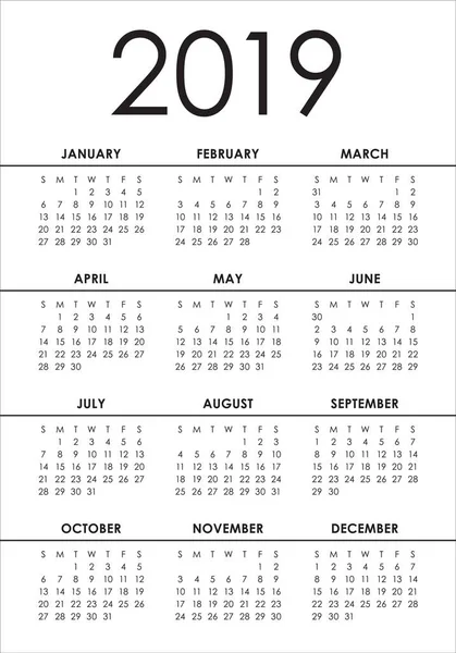 Année 2019 Modèle Conception Vectorielle Calendrier Conception Simple Propre — Image vectorielle