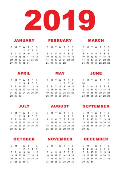 Año 2019 Plantilla Diseño Vectores Calendario Diseño Simple Limpio — Vector de stock