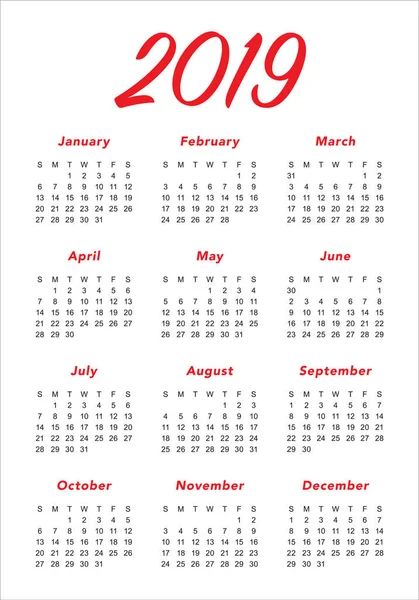 Año 2019 Plantilla Diseño Vectores Calendario Diseño Simple Limpio — Vector de stock