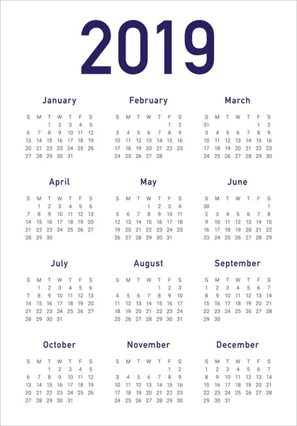 2019年カレンダー ベクター デザイン テンプレート シンプルでクリーンなデザイン — ストックベクタ