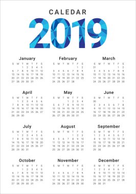 Yıl 2019 takvim vektör tasarım şablonu, basit ve temiz tasarım