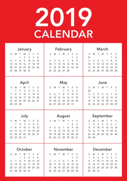 Year 2019 Calendar Vector Design Template Simple Clean Design — Stock Vector