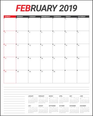 Şubat 2019 Resepsiyon takvim vektör çizim, basit ve temiz tasarım. 