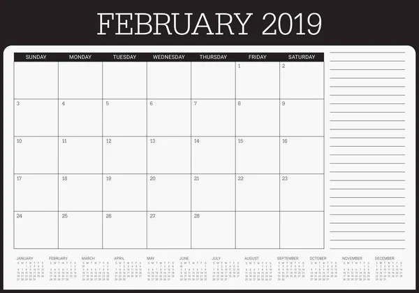 Febrero 2019 Escritorio Calendario Vector Ilustración Diseño Simple Limpio — Archivo Imágenes Vectoriales