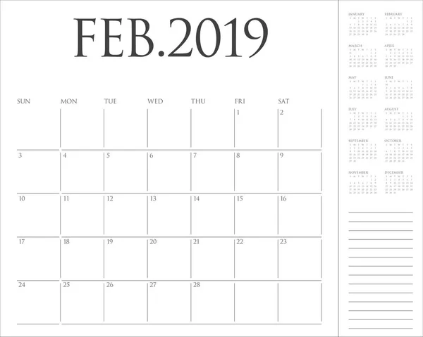 Лютий 2019 Настільний Календар Векторні Ілюстрації Простий Чистий Дизайн — стоковий вектор