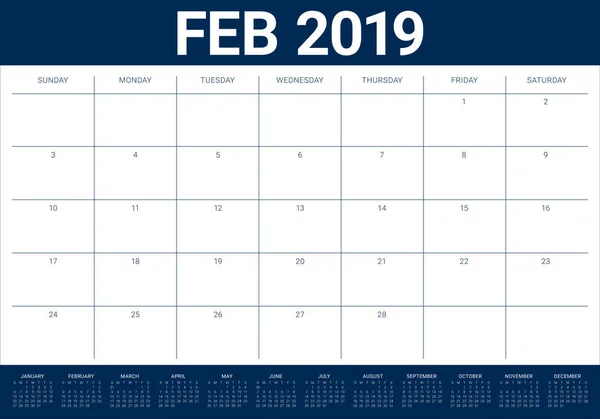 Февраль 2019 Векторная Иллюстрация Настольного Календаря Простой Чистый Дизайн — стоковый вектор