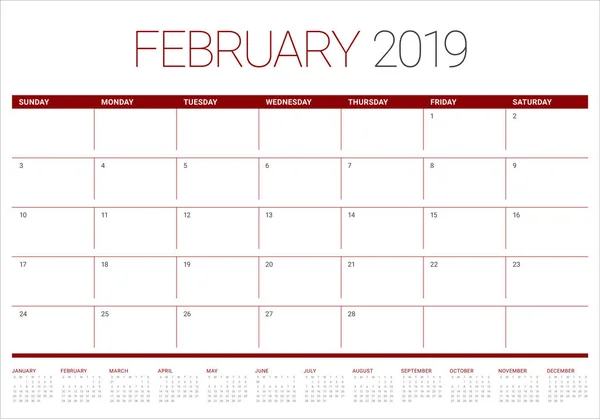 Februari 2019 Bureau Agenda Vectorillustratie Eenvoudige Schone Ontwerp — Stockvector