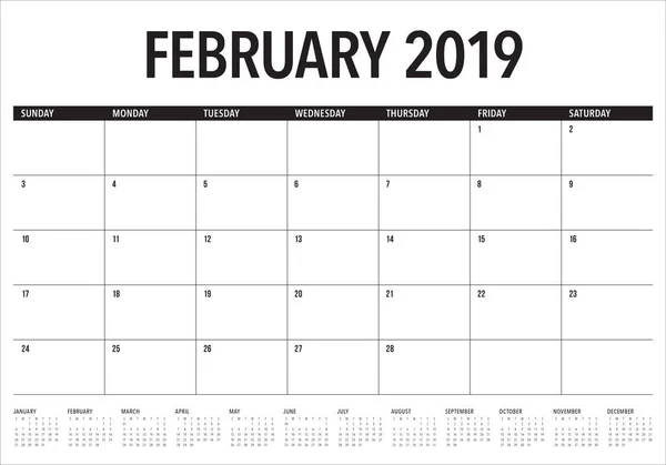 Februari 2019 Bureau Agenda Vectorillustratie Eenvoudige Schone Ontwerp — Stockvector