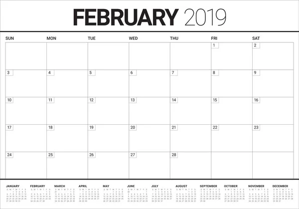 Febrero 2019 Escritorio Calendario Vector Ilustración Diseño Simple Limpio — Vector de stock