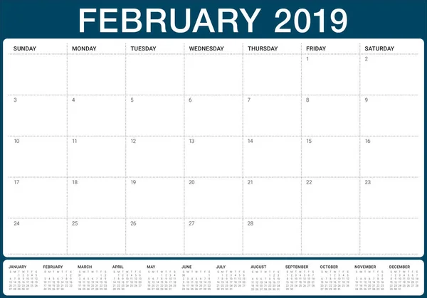 Февраль 2019 Векторная Иллюстрация Настольного Календаря Простой Чистый Дизайн — стоковый вектор